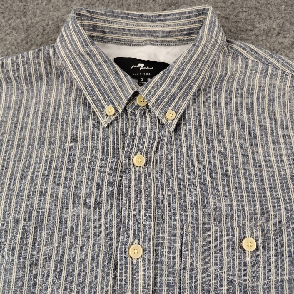 7 For All Mankind Linen Cotton Button Down Shirt Mens Small Blue White Striped